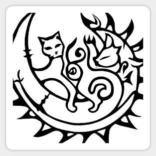 cats siting on crescent Moon's edge sun and moon Sticker